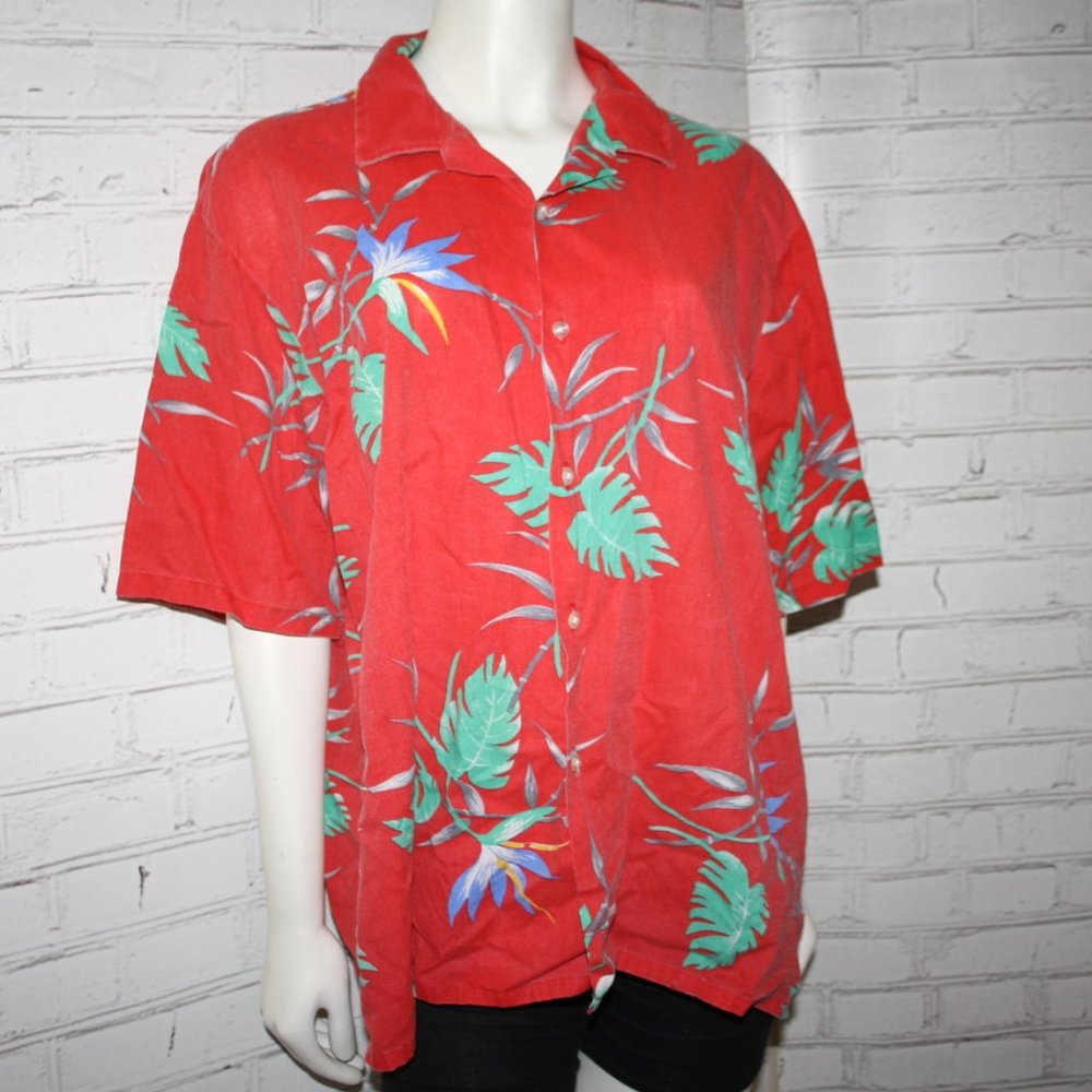 Vintage Red tropical Button down short sleeve shirt Islander Size X-Large